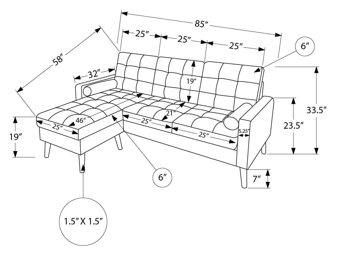 Sofa chaise longue avec deux coussins de 85" Monarch - LUMOS-17 - tissu gris (8J14L17)