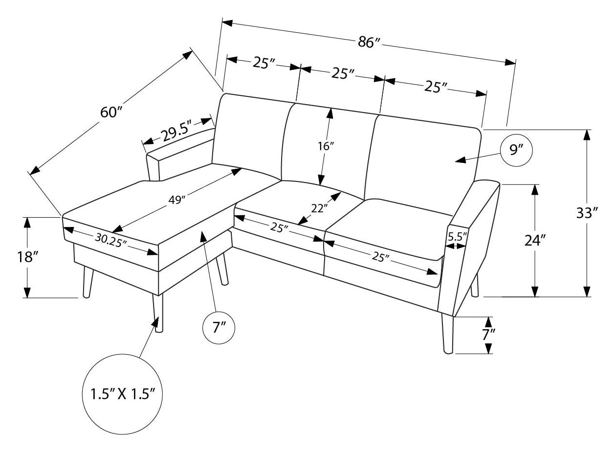Sofa chaise longue avec deux coussins de 86" Monarch - RA-08 - tissu gris (8J24A08)