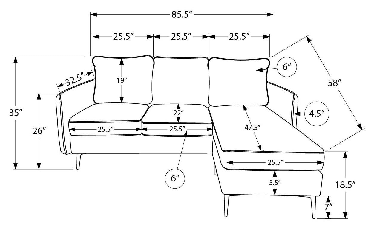 Sofa chaise longue de 85" Monarch - COACH-4 - tissu beige (8K14C04)