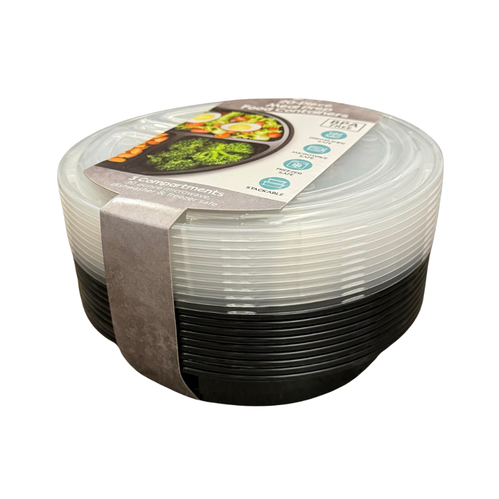 Meal prep set: 20 pieces, round, black - 3 sections
