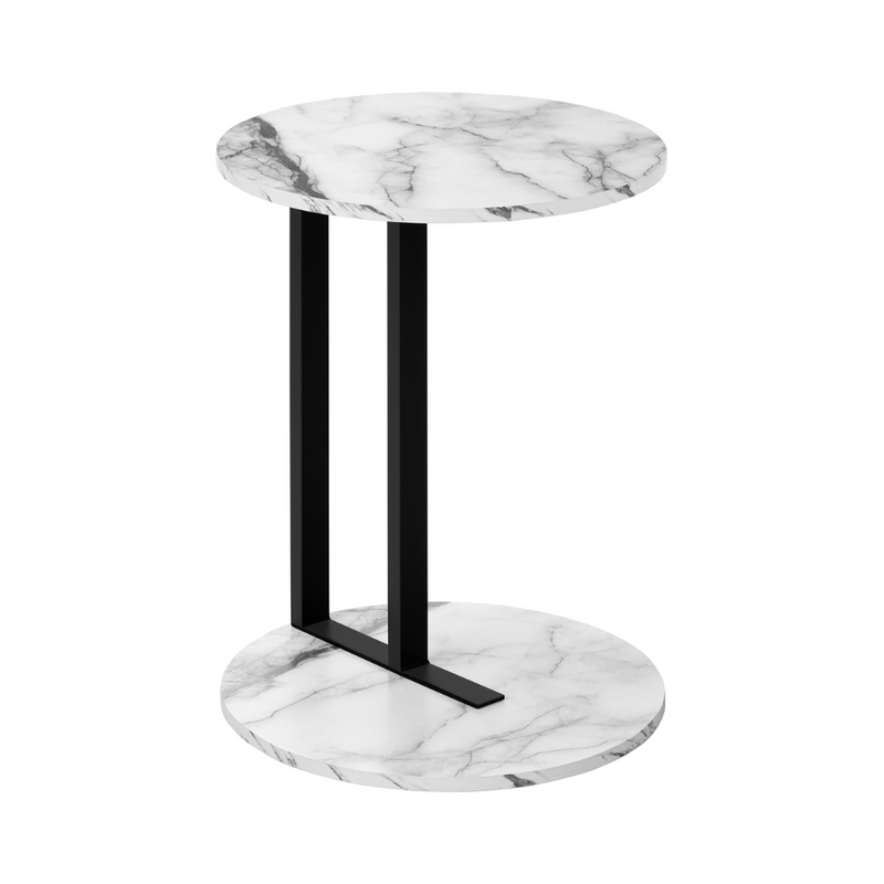 Mesa auxiliar en símil mármol blanco y metal negro
